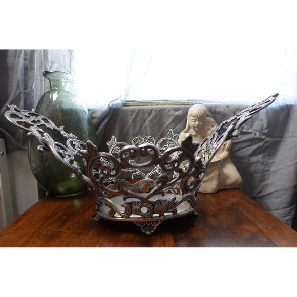 vintage pewter oval Victorian basket ornate decor metal freestanding